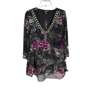 Metro 22 Women's 2X Embellished V Neck Animal‎ Print Black Blouse Top